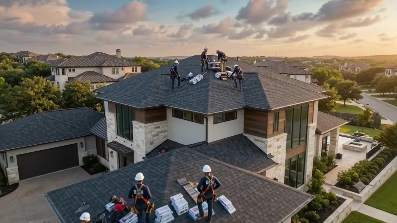 Roofing crew working on a multi-level shingle roof