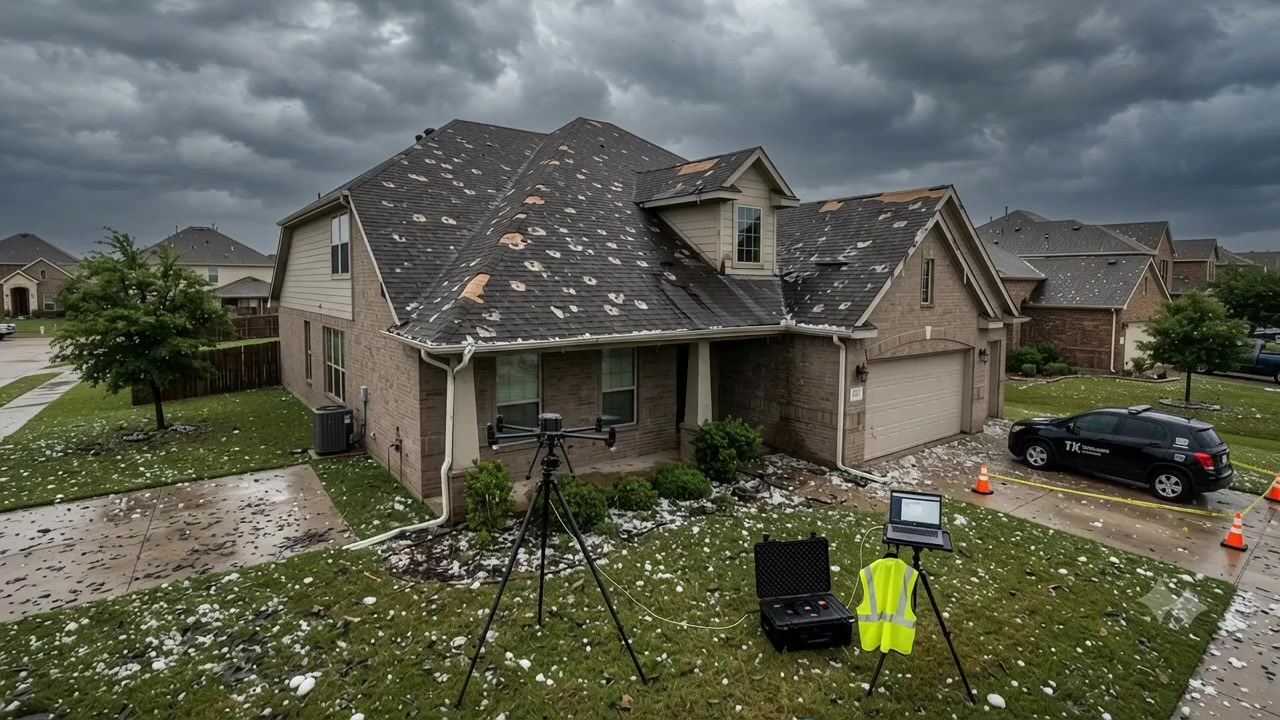 Ice dam and wind-damaged roof being documented by an inspection crew after an Ontario winter storm