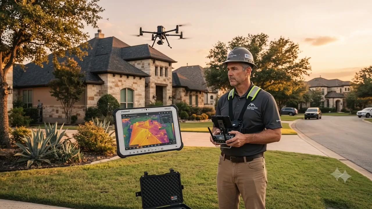 Technician flying an inspection drone with a thermal imaging tablet